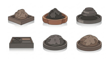 Illustration of various types of incense powder in different containers, , creating a collection of aromatic materials for meditation and relaxation