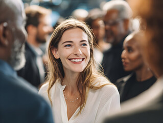 Smiling woman in white shirt surrounded by diverse group of people at a professional event or conference