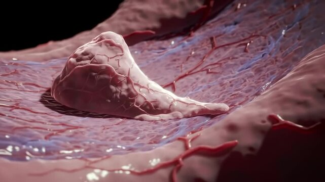 Close-up view of a biological structure, possibly tissue or organ, with intricate textures and veins