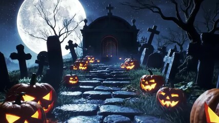 Spooky Cemetery Scene with Glowing Pumpkins Under a Full Moon on Halloween Night - Powered by Adobe