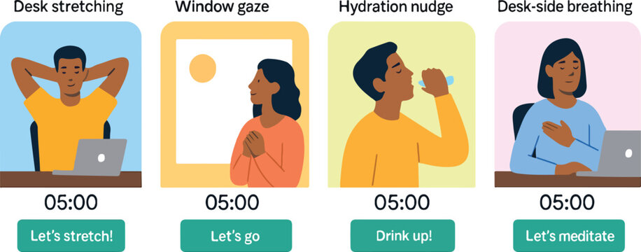 Workplace Microbreak Vignettes with Stretching, Hydration, and Breathing Reminders
