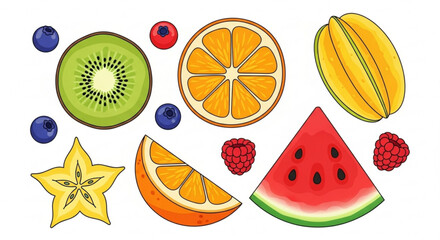 Vibrant fruit assortment a colorful illustration displaying a variety of fresh fruits, ideal for health, nutrition, and summerthemed projects