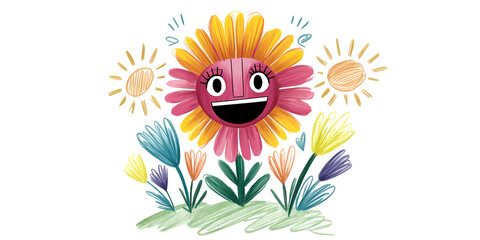 The joyful flower and two happy suns shining brightly.