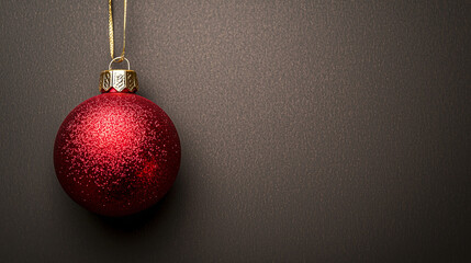 Single red Christmas tree decoration with golden thread, minimalistic photo, isolated on plain gray background, space for text.