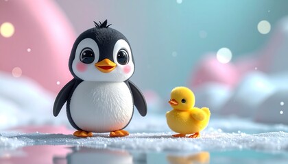 Naklejka premium Cute penguin and duckling