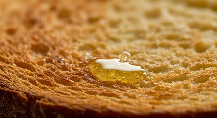 Macro Close-up of a Honey Drop on a Golden Toasted Bread Slice