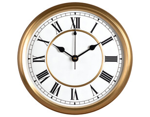 Elegant wall clock featuring Roman numerals with a classic gold frame and a white face, showcasing time.