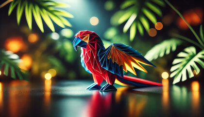 A beautifully crafted origami parrot placed on a dark reflective surface, illuminated by soft dramatic lighting