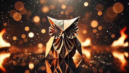 A beautifully crafted origami owl placed on a dark reflective surface, illuminated by soft dramatic lighting