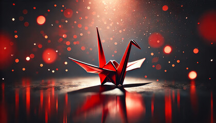 A beautifully crafted red origami crane placed on a dark reflective surface, illuminated by soft dramatic lighting