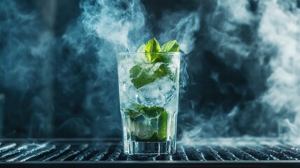 A refreshing cocktail with mint leaves and ice, shrouded in mist, set against a dark background, evoking a cool and inviting atmosphere.