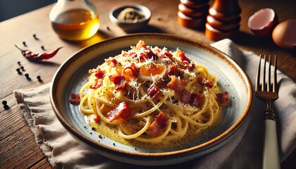 A beautifully plated dish of bacon carbonara served on a rustic ceramic plate