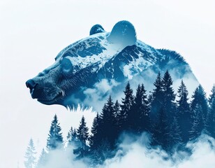 Bear in mountain landscape double exposure