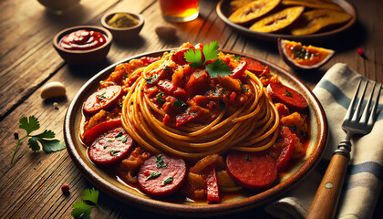 A beautifully plated dish of Dominican-style spaghetti served on a rustic ceramic plate