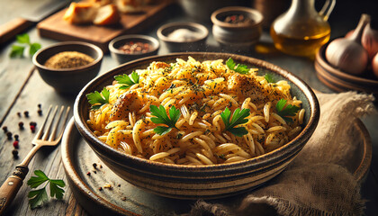 A beautifully plated dish of homemade Rice served in a rustic ceramic bowl