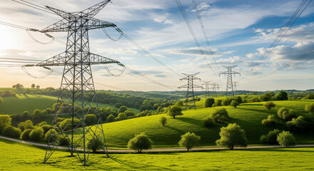 Power Lines Crossing Rolling Green Hills at Sunset
This image captures power lines and electrical towers stretching across a beautiful landscape of rolling green hills