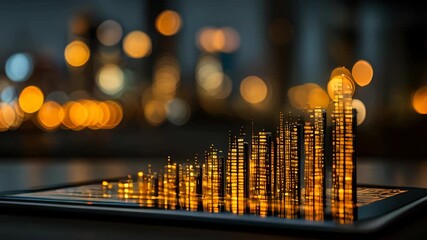 Creative cityscape visualization on tablet with glowing building shapes and city lights at night - Powered by Adobe