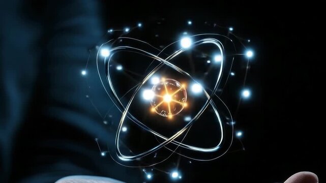 Creating a glowing atom model with light effects in a dark room setting during a science exhibition