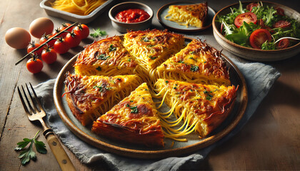 A beautifully plated spaghetti frittata, a golden and crispy Italian dish made with leftover spaghetti, eggs, cheese, and herbs