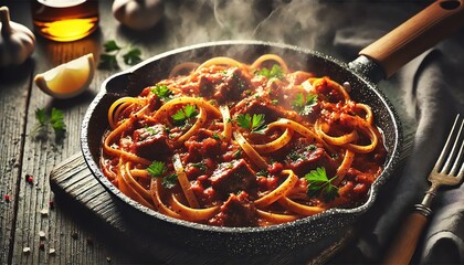 A close-up of a sizzling pan filled with freshly cooked linguine pasta mixed with tender chunks of beef and a rich, savory tomato-based sauce