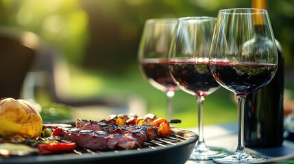 A vibrant outdoor scene featuring grilled meats, colorful vegetables, and glasses of red wine, perfect for a summer gathering.