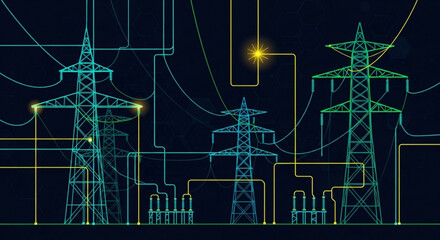 Electricity power grid with pylons, showcasing energy transmission and distribution network for industrial and technological applications