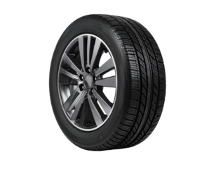 A sleek and modern car tire with an intricate tread pattern, designed for high performance and durability.