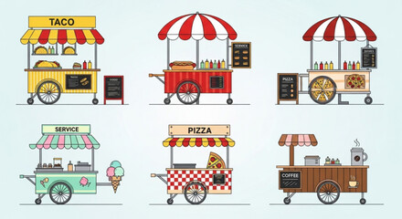 Collection of colorful food carts offering various cuisines like taco, pizza, and service, creating a vibrant and diverse street food scene with unique designs and menus
