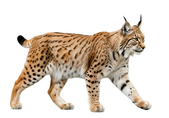 Obraz premium A lynx in a side profile view, against a pure black background, showcasing its spotted coat and alert posture.