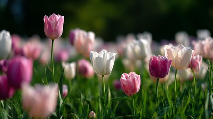 Colorful tulip field blooming under bright sun during springtime