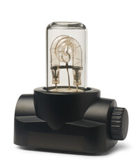 close-up of portable camera flash head with black plastic casing and flash tube isolated white background, essential tool for professional studio photography and lighting