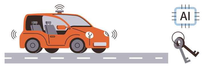 Naklejka premium Orange self-driving car with AI chip and digital key. Ideal for automation, innovation, technology, transportation, connectivity, security, intelligence. Simple flat metaphor