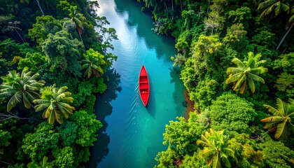 A vibrant aerial view captures a red canoe navigating a turquoise river snaking through a lush, green tropical forest