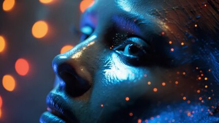 Profile of a futuristic woman with blue metallic makeup and glowing glitter particles on her skin, looking up against a dark background with vibrant orange bokeh lights for a sci fi concept - Powered by Adobe