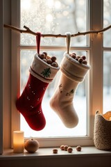 Christmas stockings filled with nuts hanging on window in cozy winter interior with candles and snow background