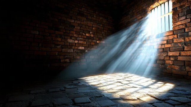 Light beams shine through a barred window in a dark, abandoned cell with brick walls and a stone floor revealing an eerie atmosphere