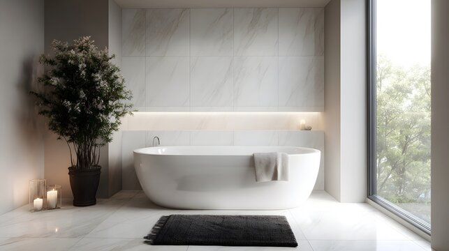 Fototapeta Serene modern bathroom interior featuring a freestanding bathtub ambient lighting and a lush green window view exuding luxury and relaxation