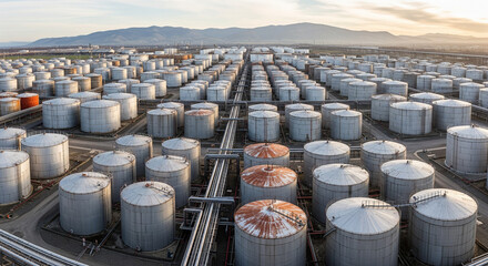 An Expansive Oil Refinery with Storage Tanks
An aerial view of a massive oil and gas storage facility featuring rows upon rows of large, cylindrical tanks