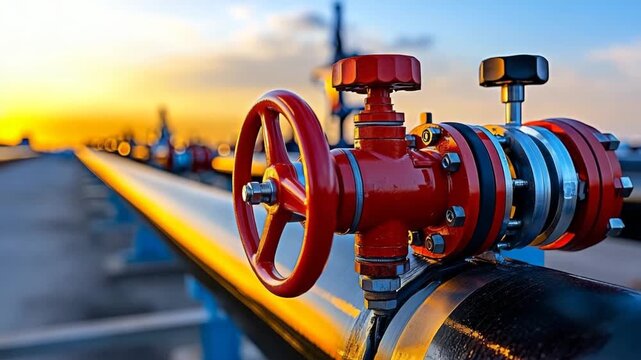 Sunset view of a valve on gas pipeline at an industrial facility during evening hours in a rural area