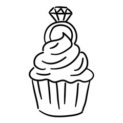 Cupcake with engagement ring topper Line Art Illustration for Bachelorette Party Celebration Festive Drink Outline Drawing for Invitations Greeting Cards and Party Decor