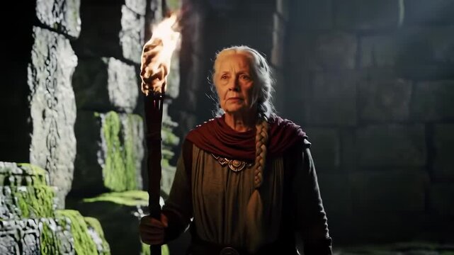 Elder woman with torch in ancient crypt