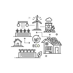 Fototapeta premium Line art illustration depicting sustainable living with solar panels, wind turbine, rainwater harvesting, and organic gardening, promoting an eco-friendly lifestyle.