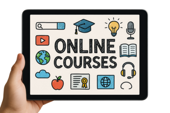 Tablet displaying 'Online Courses' with educational icons held by a hand on a white background isolated on a transparent background