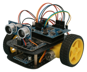 Stacked Electronics on aDIY Robot Car Chassis with Ultrasonic Sensor arduino isolated on a transparent background