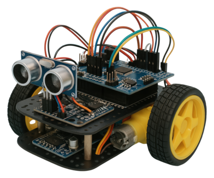 Stacked Electronics on aDIY Robot Car Chassis with Ultrasonic Sensor arduino isolated on a transparent background