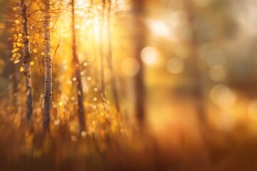 Blurred autumn nature landscape background, serene autumn meadow with birch trees and falling leaves in soft golden sunlight