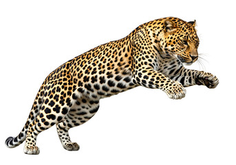 Naklejka premium A magnificent leopard leaps majestically against a stark black background, showcasing its intricate spotted coat in dynamic action.