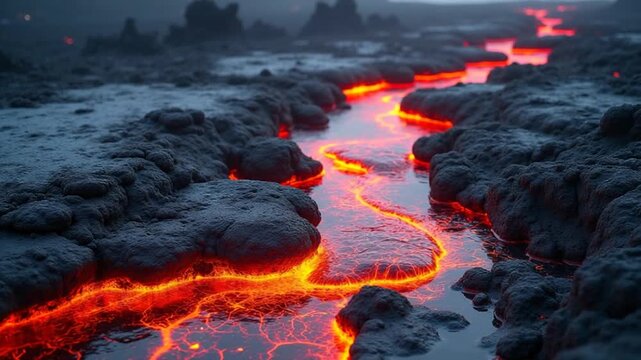 Red Orange vibrant Molten Lava flowing onto grey lavafield and glossy rocky land
