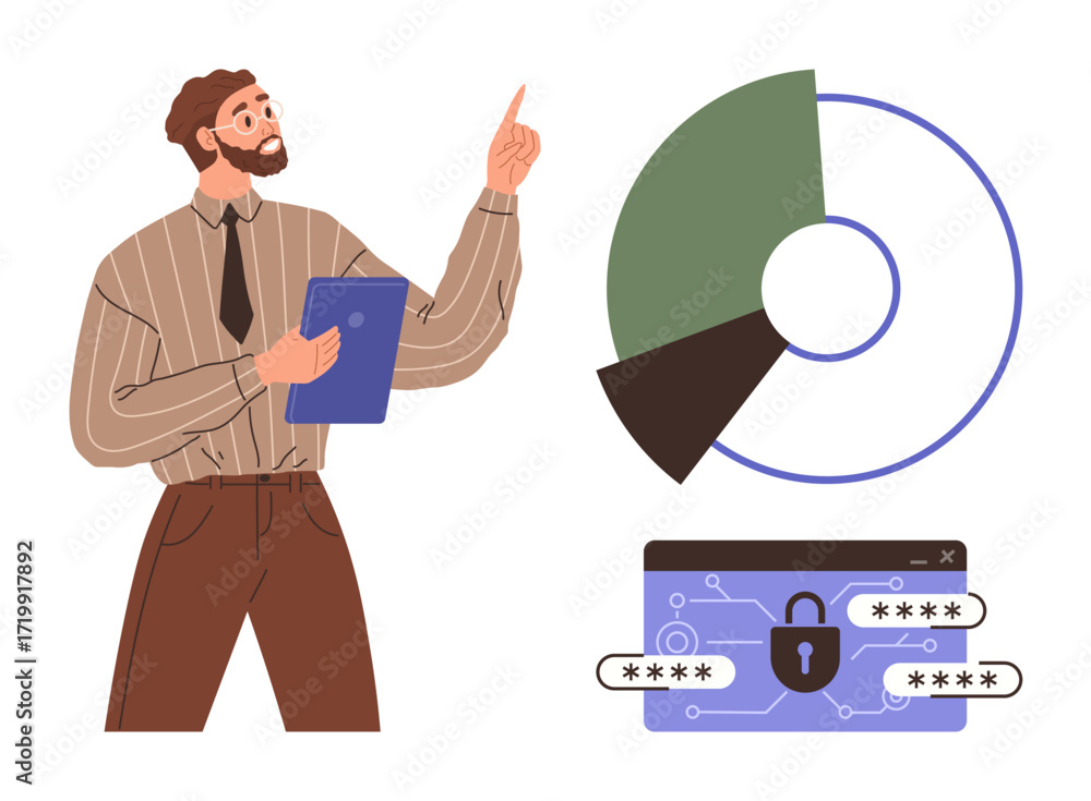 Aufkleber man with clipboard giving presentation beside pie chart and cybersecurity elements. ideal for busine