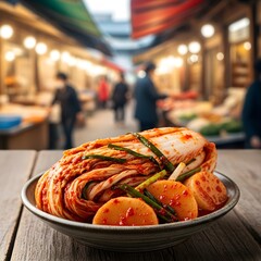 Korean Spicy Kimchi: Freshly Fermented Red Cabbage in Ceramic Container